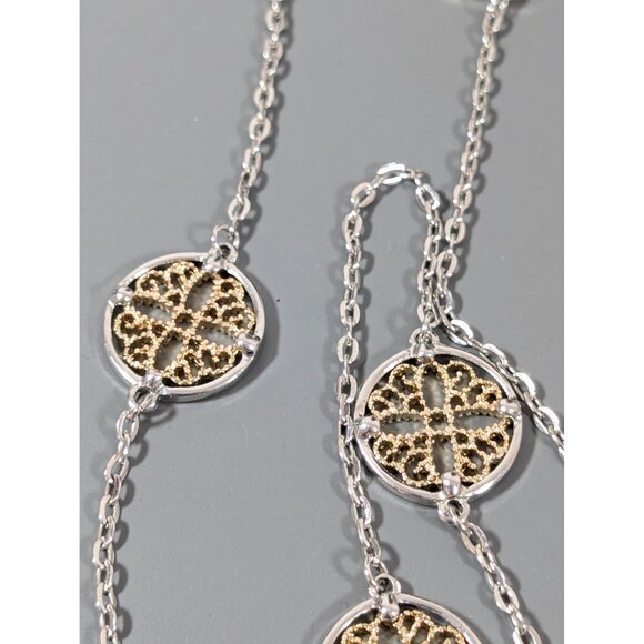 Elegant Two Tone Floral Medallion Station Chain Long Layering Necklace 40" - Picture 4 of 7